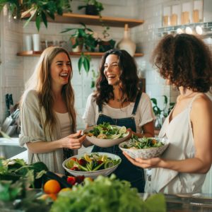 Young woman is laughing with her friends at party as she holding bowl a salad on white kitchen.